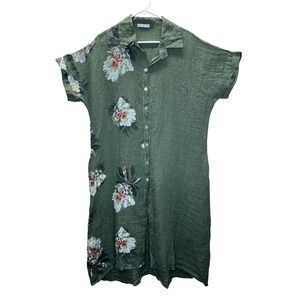 Italian 100% Linen Floral Shirt Dress Green Button Front Midi Size L Italy made